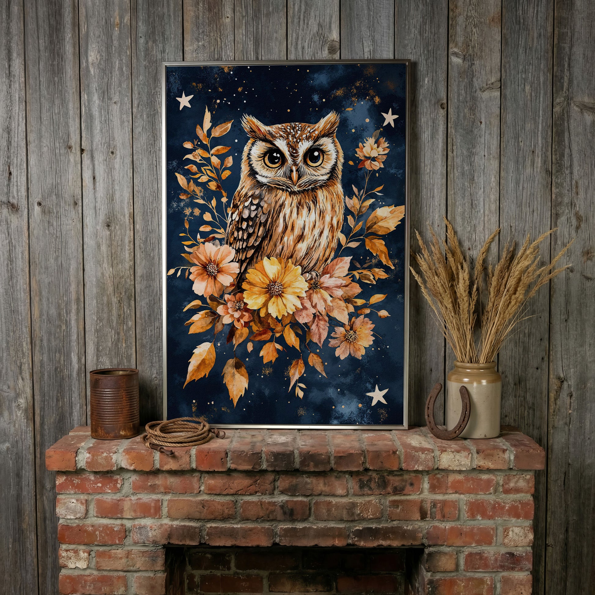 Barn Owl with Autumn Florals Canvas in silver floating frame