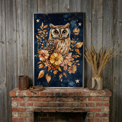 Barn Owl with Autumn Florals Canvas in silver floating frame