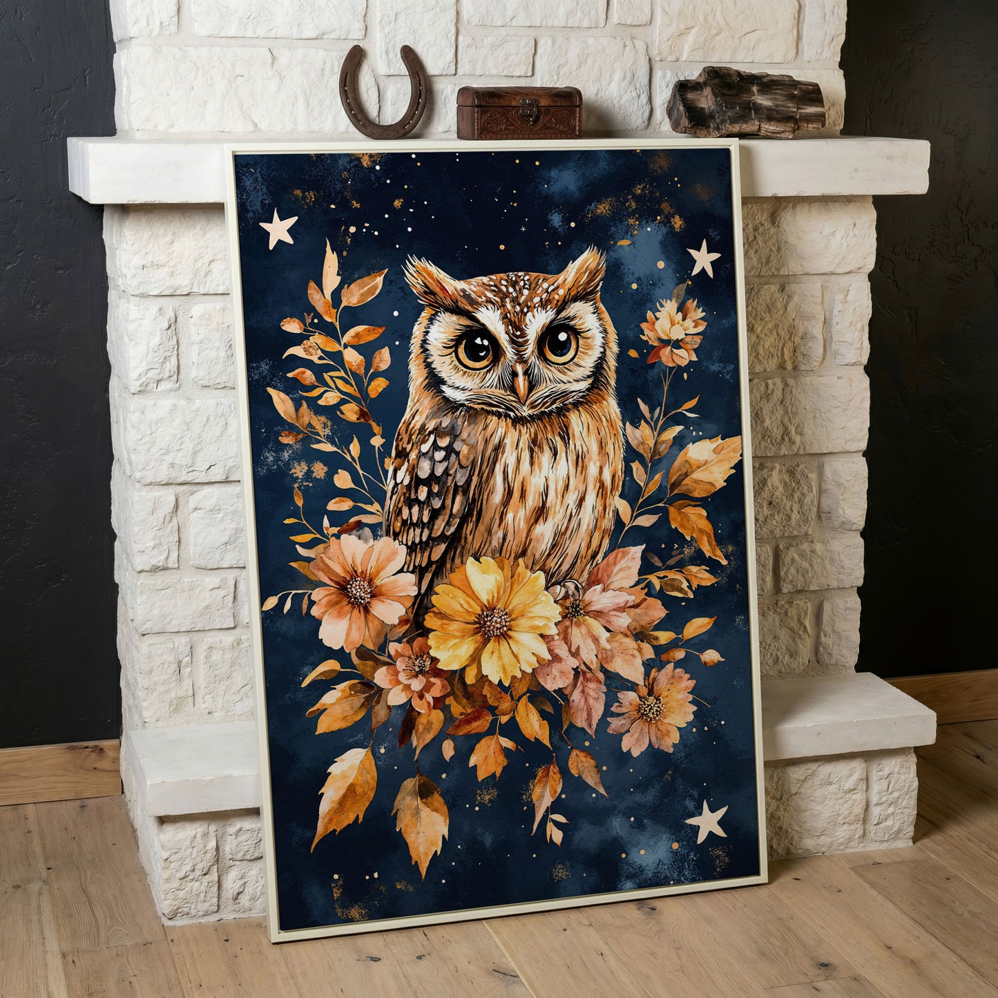 Barn Owl with Autumn Florals Canvas in white floating frame
