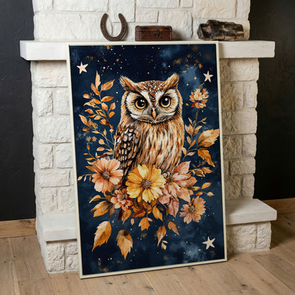 Barn Owl with Autumn Florals Canvas in white floating frame
