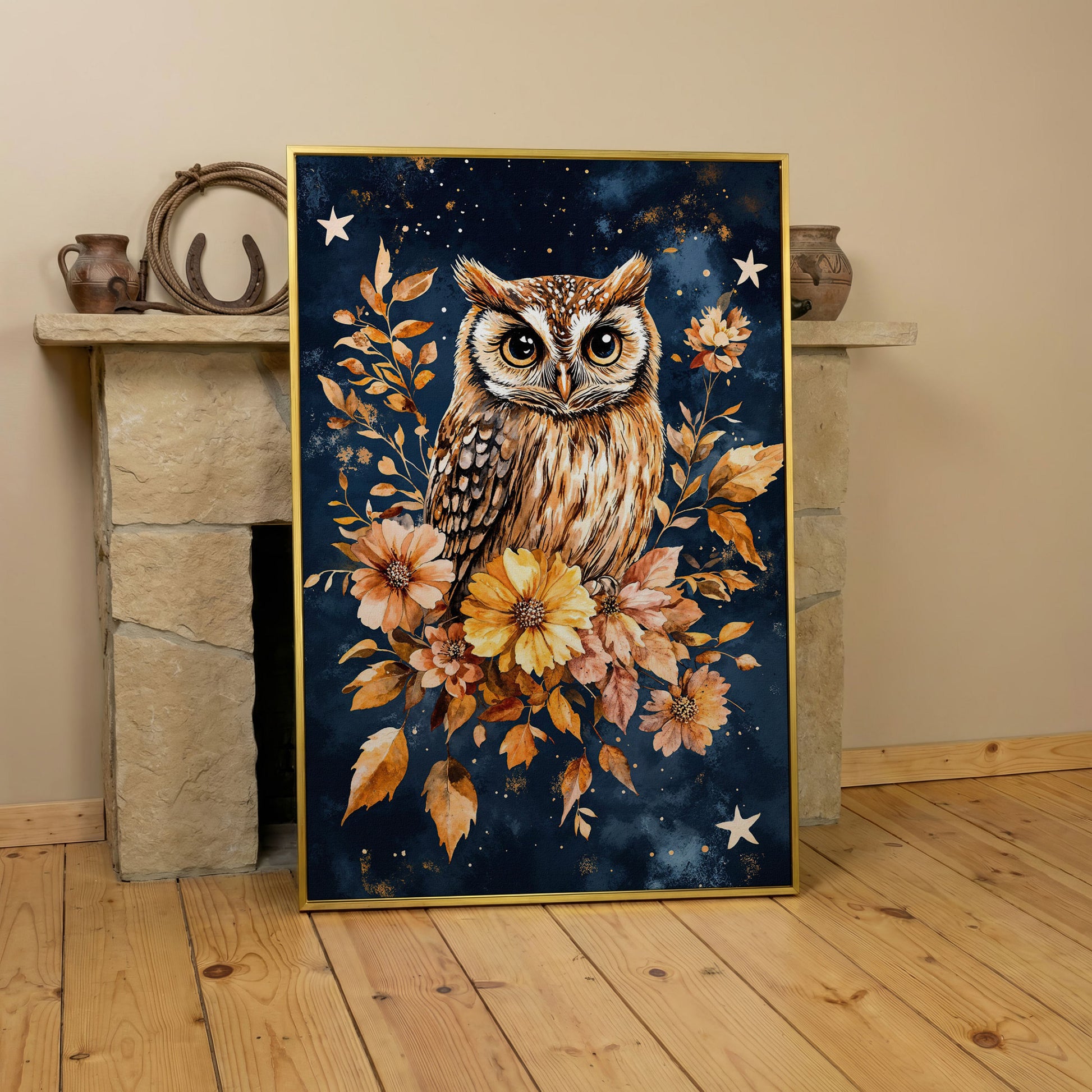 Barn Owl with Autumn Florals Canvas in yellow gold floating frame