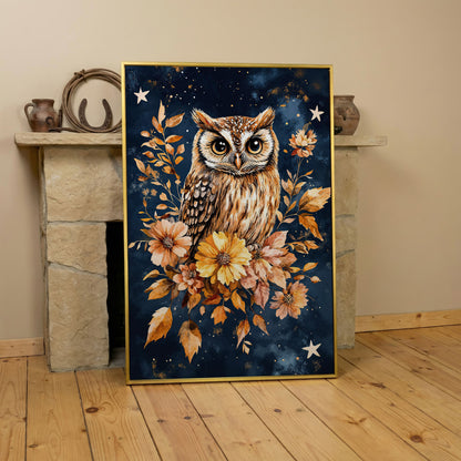 Barn Owl with Autumn Florals Canvas in yellow gold floating frame