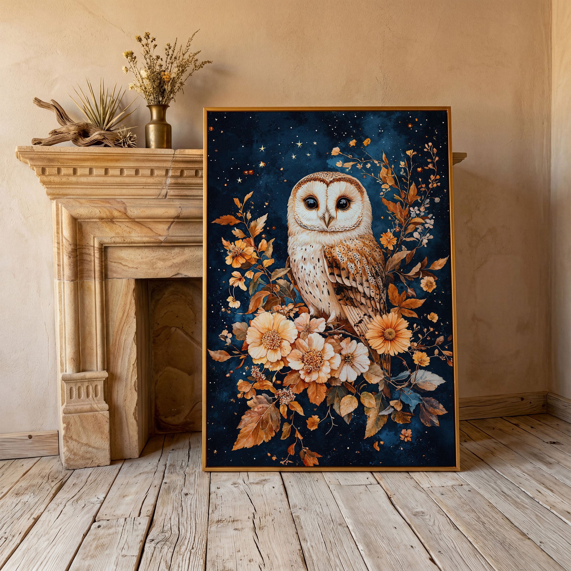 Nocturnal Owl with Night Florals Canvas Print in antique gold floating frame