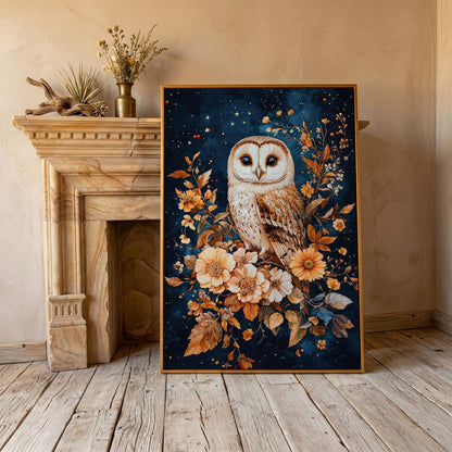 Nocturnal Owl with Night Florals Canvas Print in antique gold floating frame