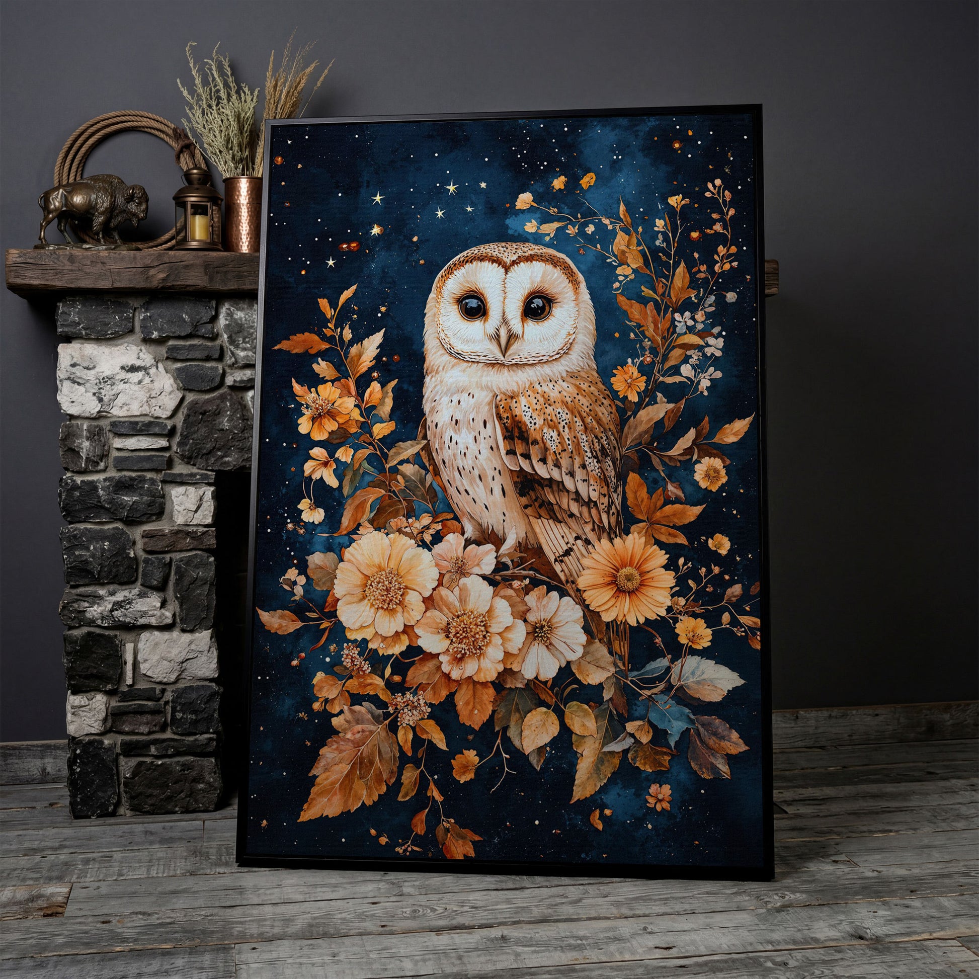 Nocturnal Owl with Night Florals Canvas Print in black floating frame