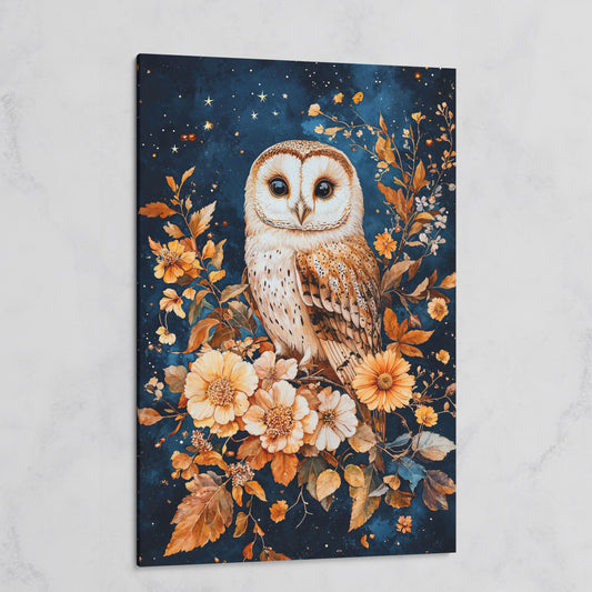 Nocturnal Owl with Night Florals Canvas Print on gallery wrap