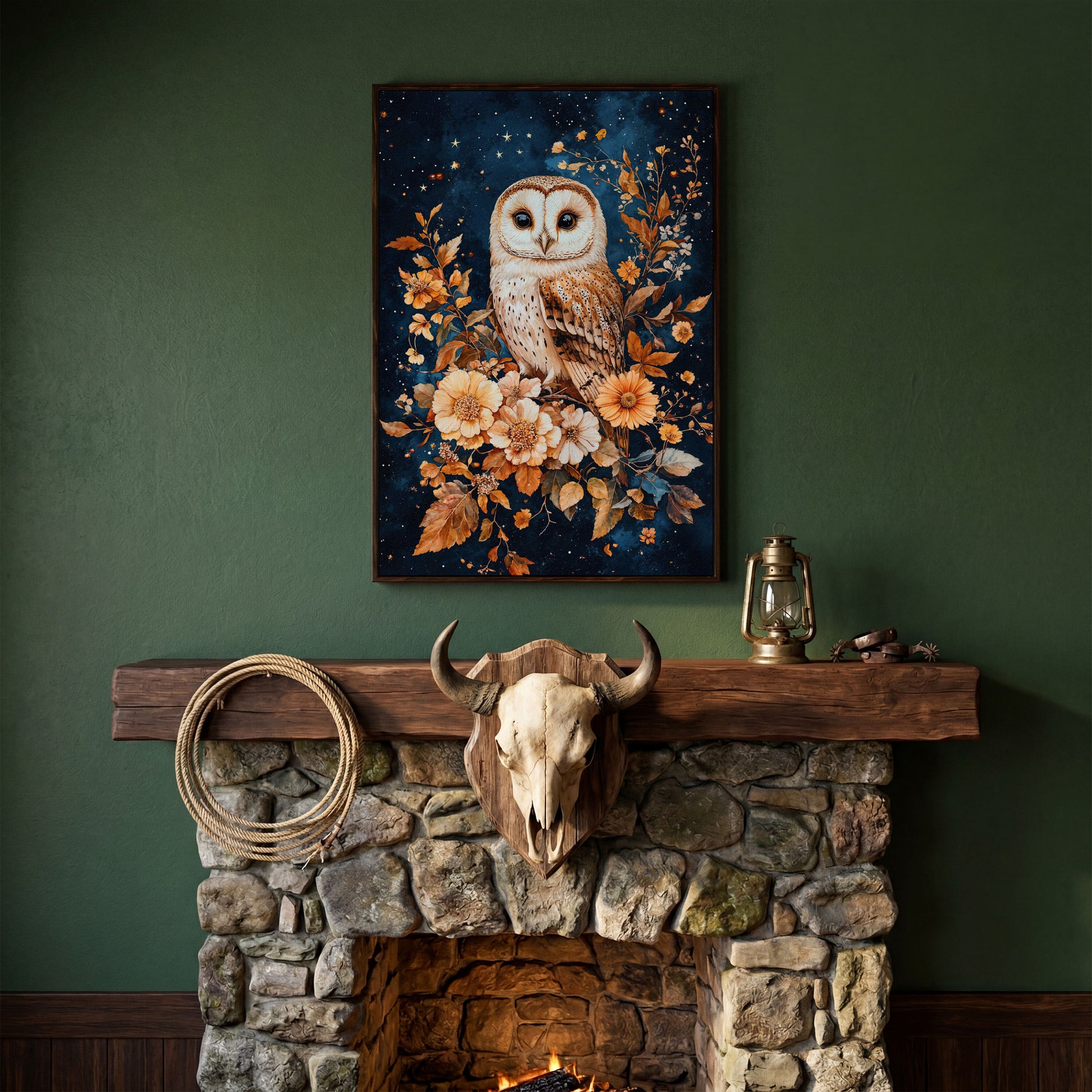 Nocturnal Owl with Night Florals Canvas Print in dark walnut floating frame