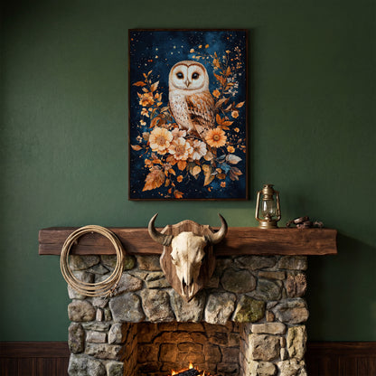 Nocturnal Owl with Night Florals Canvas Print in dark walnut floating frame