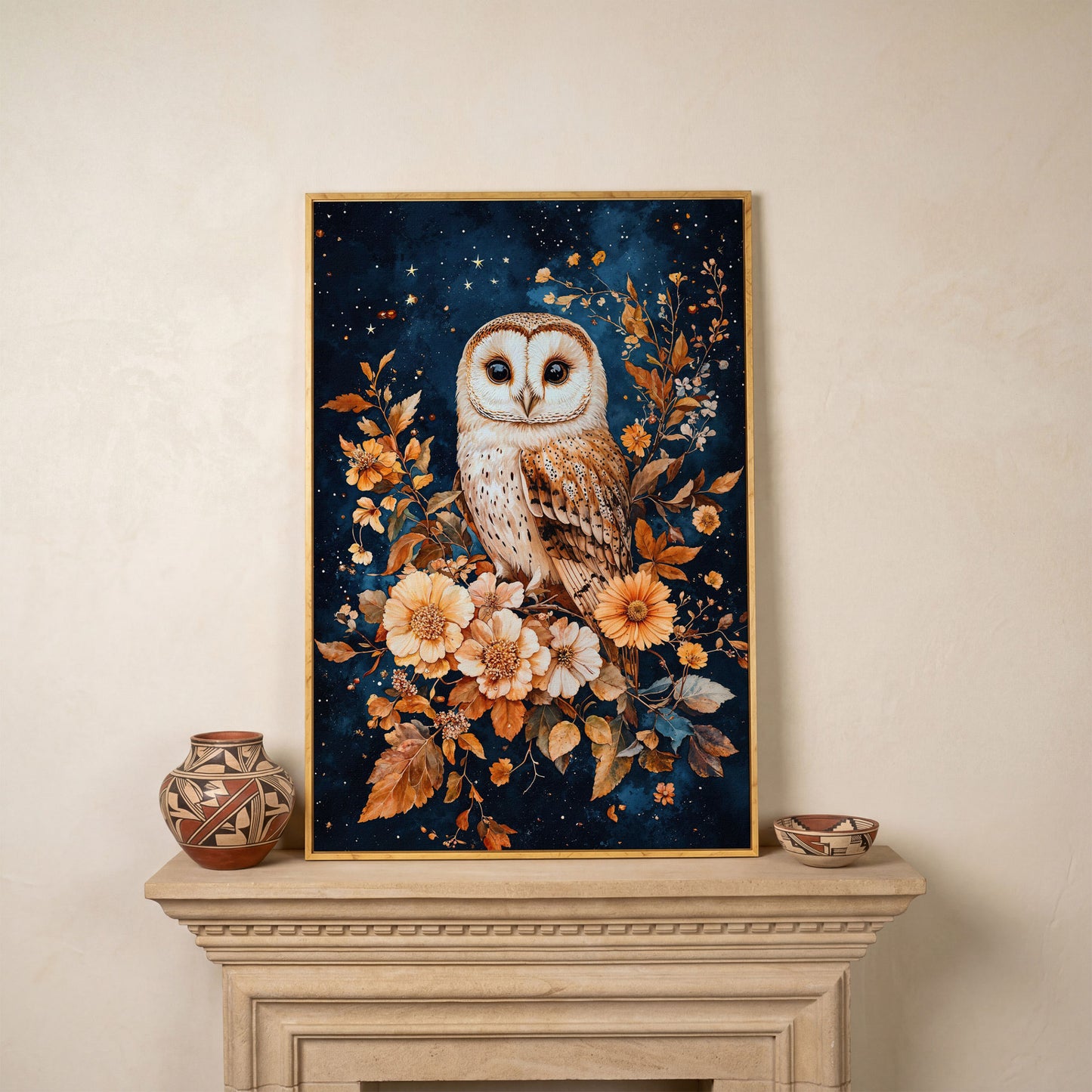 Nocturnal Owl with Night Florals Canvas Print in white oak floating frame