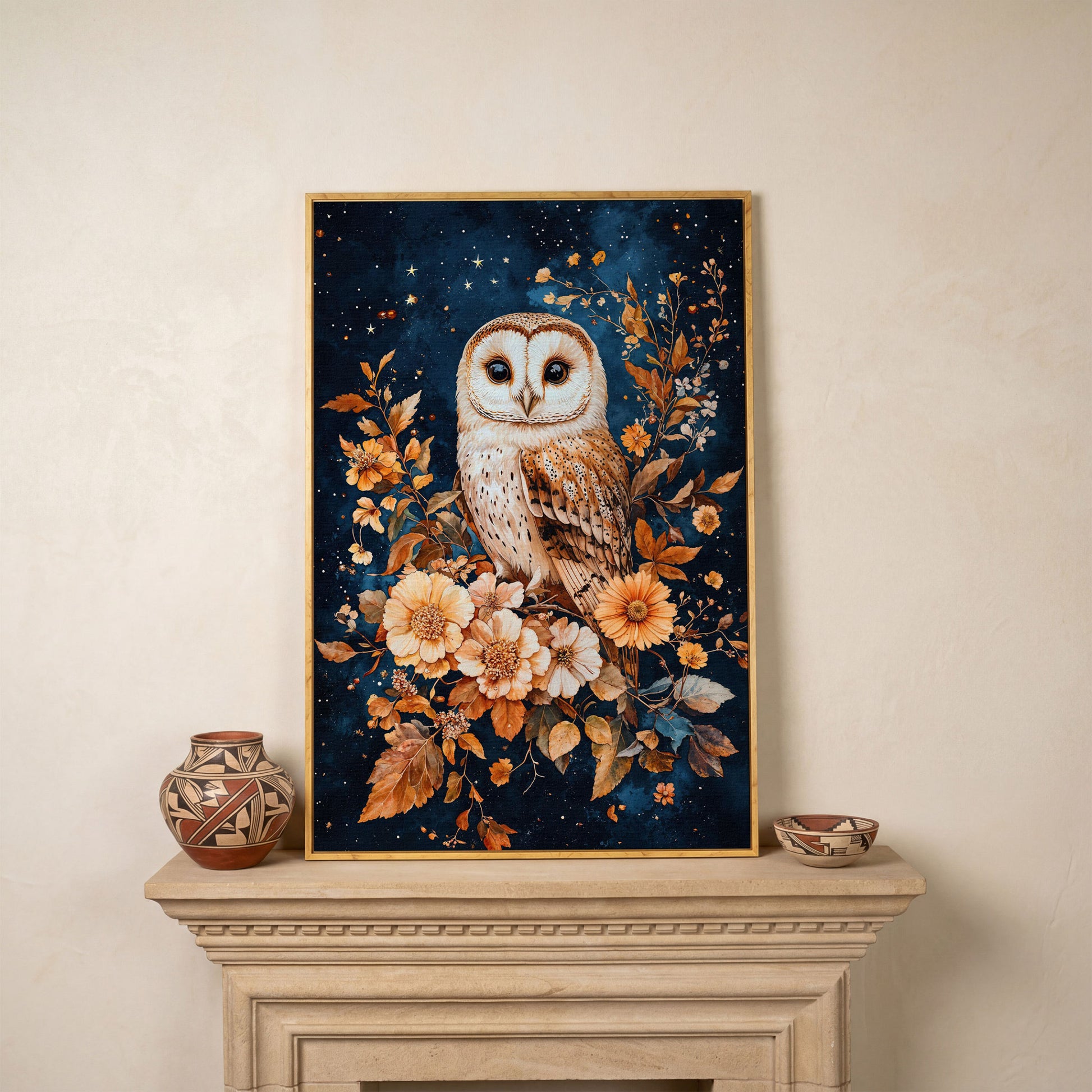 Nocturnal Owl with Night Florals Canvas Print in white oak floating frame
