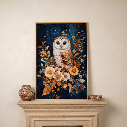 Nocturnal Owl with Night Florals Canvas Print in white oak floating frame