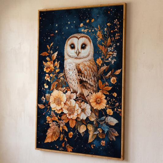 Nocturnal Owl with Night Florals Canvas Print shown in white oak floating frame