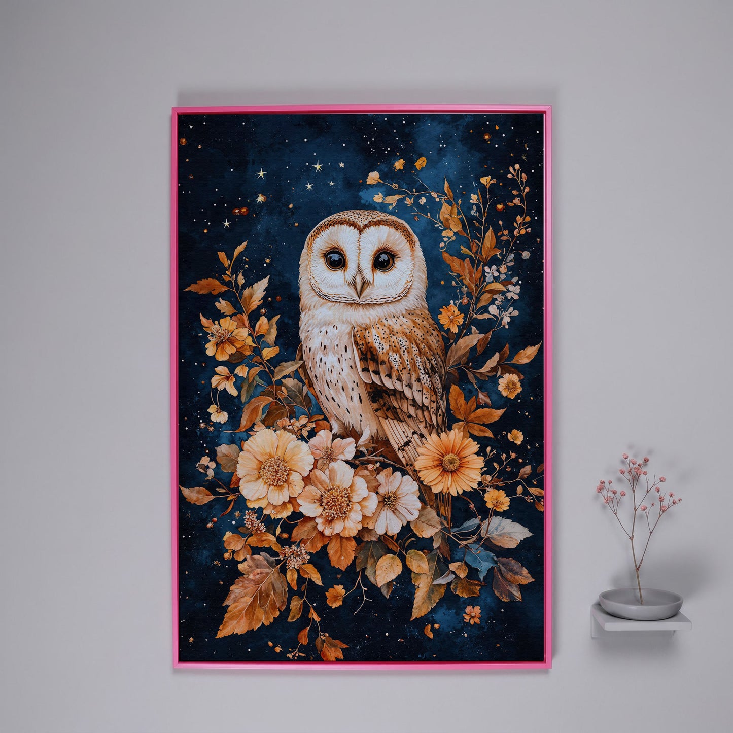 Nocturnal Owl with Night Florals Canvas Print in pink floating frame