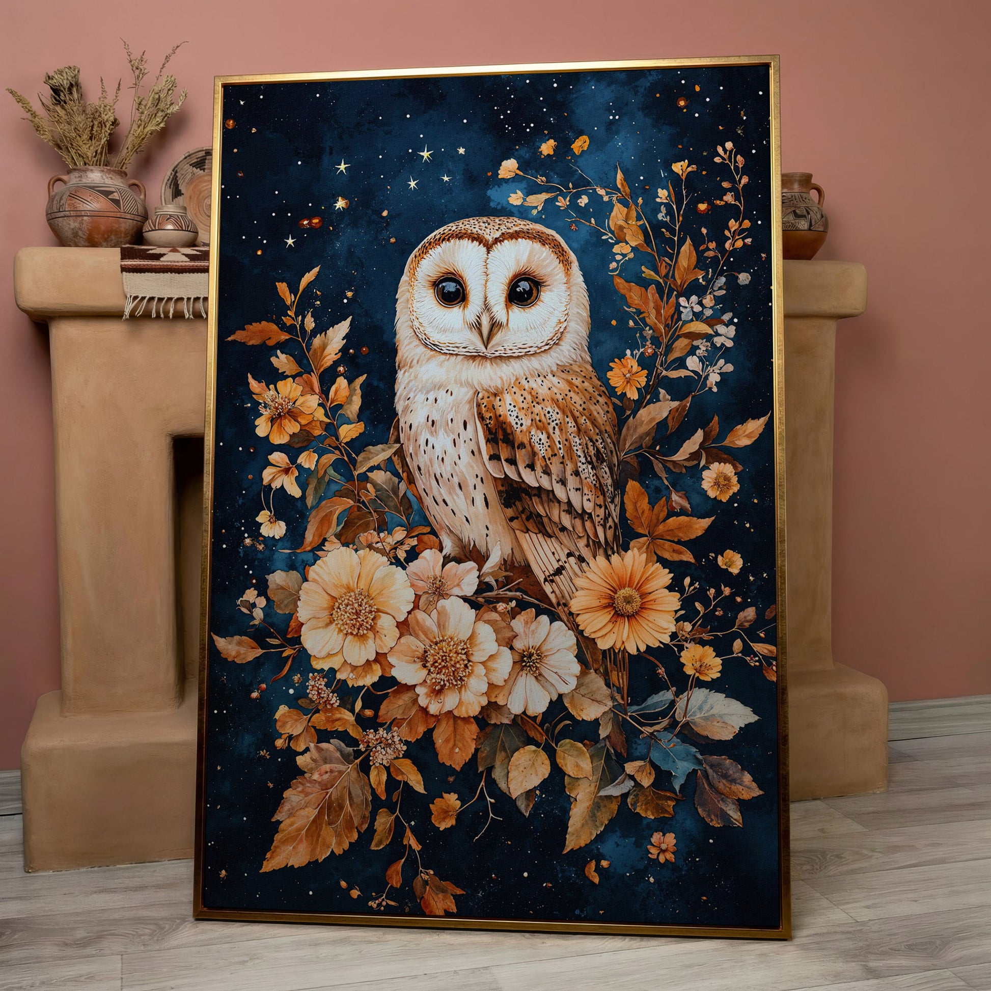 Nocturnal Owl with Night Florals Canvas Print in rose gold floating frame