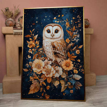 Nocturnal Owl with Night Florals Canvas Print in rose gold floating frame