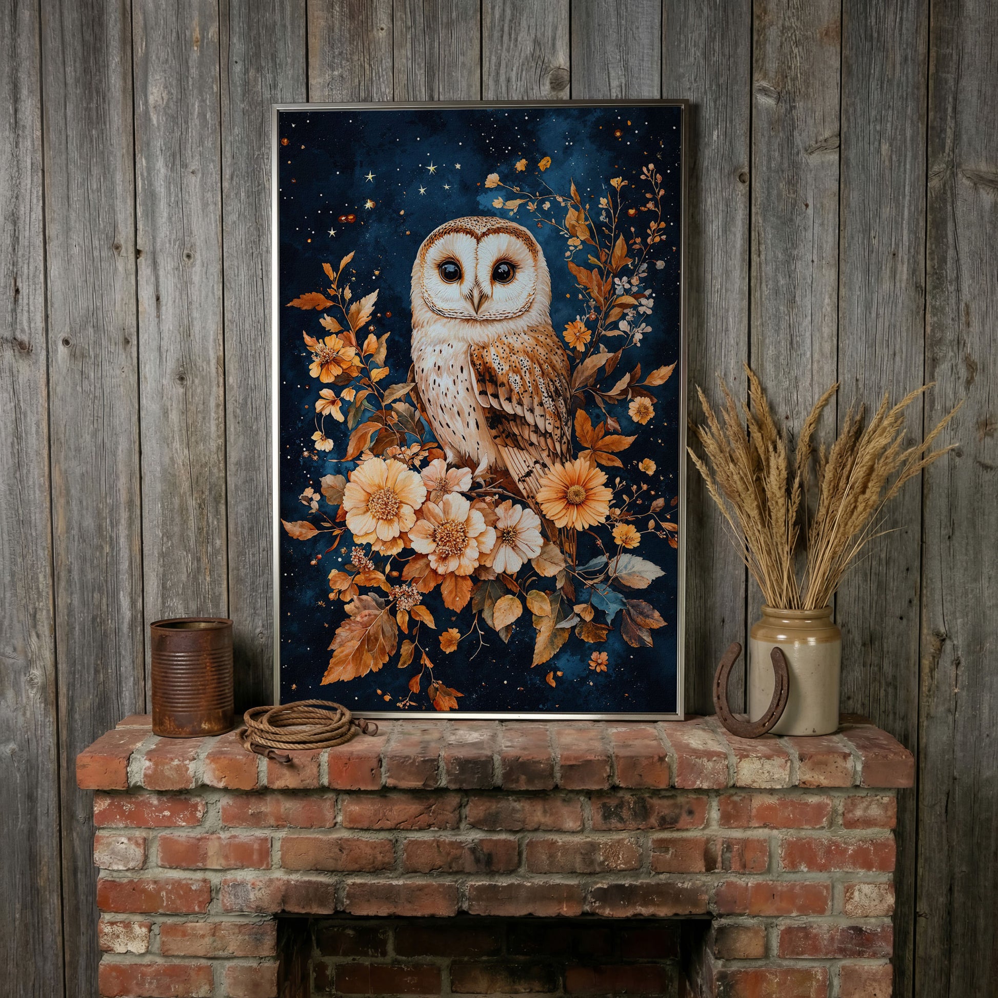 Nocturnal Owl with Night Florals Canvas Print in silver floating frame
