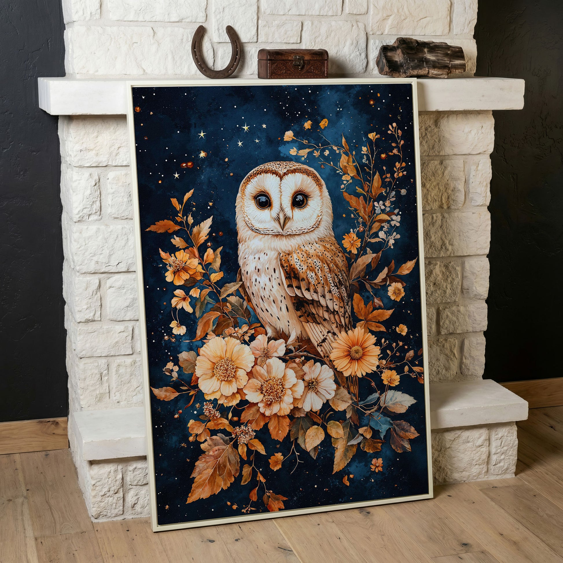 Nocturnal Owl with Night Florals Canvas Print in white floating frame