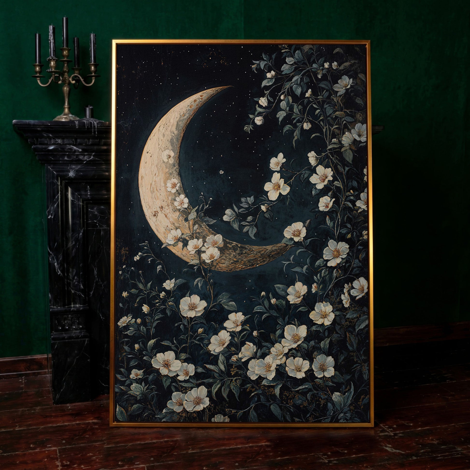 Floral Moonlit Night Canvas Print with Starry Botanical Art in antique gold floating frame