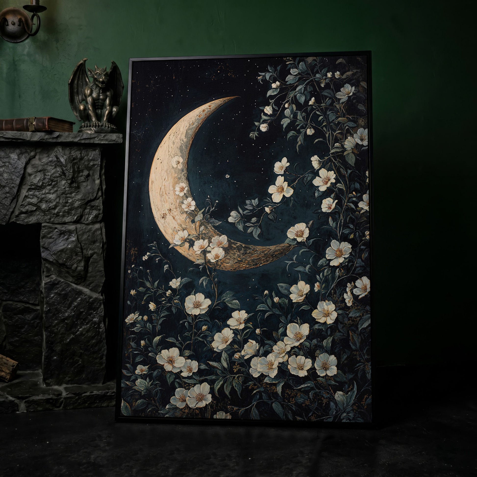 Floral Moonlit Night Canvas Print with Starry Botanical Art in black floating frame