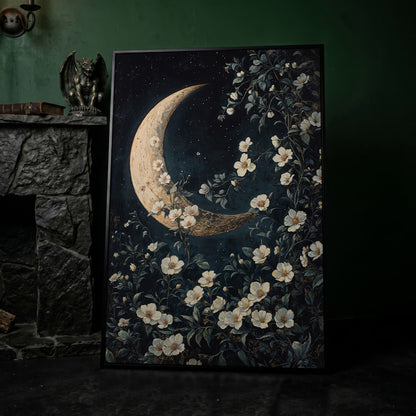 Floral Moonlit Night Canvas Print with Starry Botanical Art in black floating frame