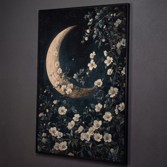 Floral Moonlit Night Canvas Print with Starry Botanical Art shown in black floating frame