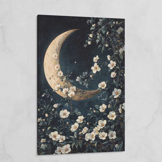 Floral Moonlit Night Canvas Print with Starry Botanical Art on gallery wrap