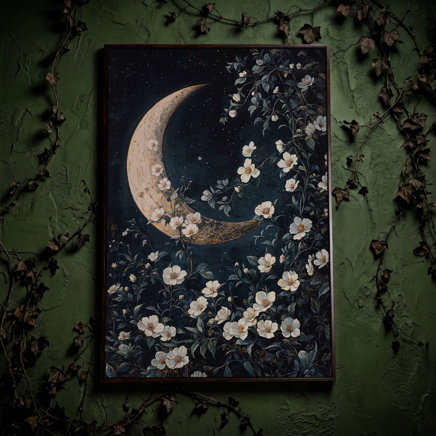 Floral Moonlit Night Canvas Print with Starry Botanical Art in dark walnut floating frame