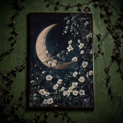 Floral Moonlit Night Canvas Print with Starry Botanical Art in dark walnut floating frame
