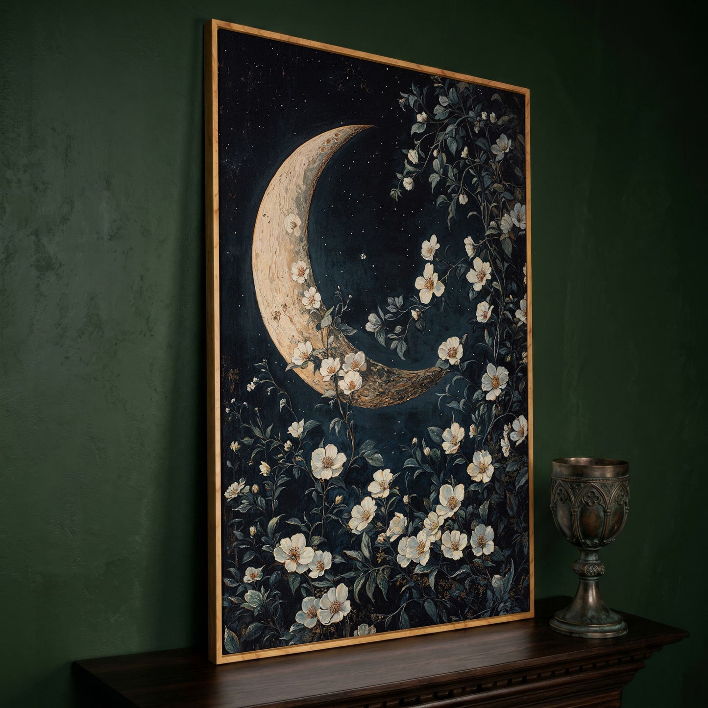 Floral Moonlit Night Canvas Print with Starry Botanical Art in white oak floating frame