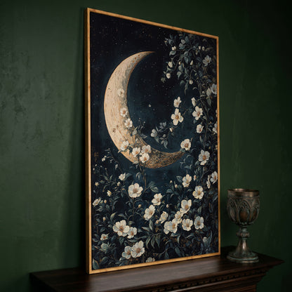Floral Moonlit Night Canvas Print with Starry Botanical Art in white oak floating frame