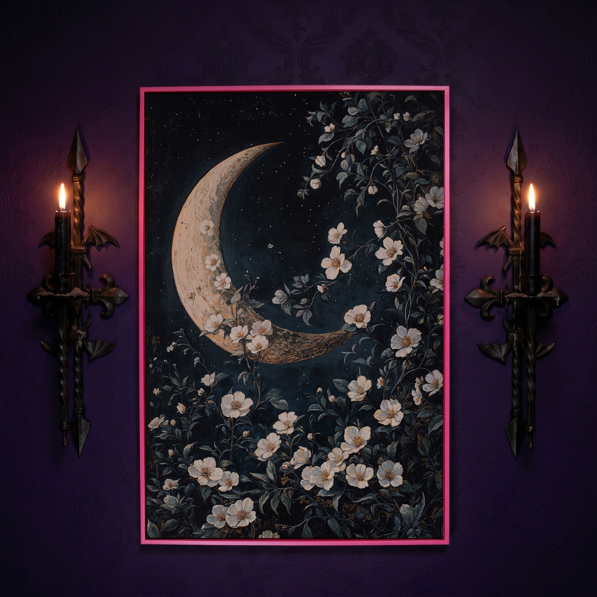 Floral Moonlit Night Canvas Print with Starry Botanical Art in pink floating frame