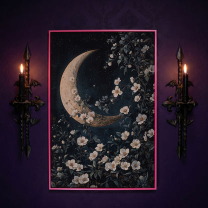Floral Moonlit Night Canvas Print with Starry Botanical Art in pink floating frame
