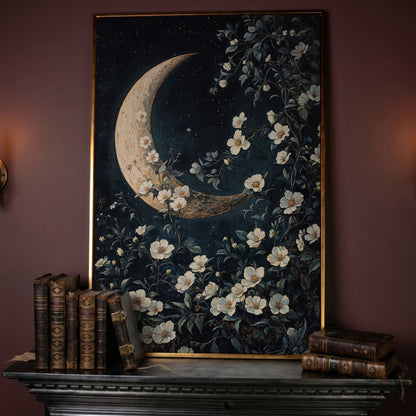 Floral Moonlit Night Canvas Print with Starry Botanical Art in rose gold floating frame