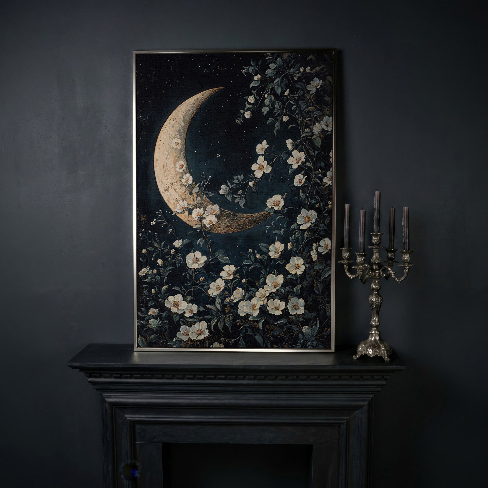 Floral Moonlit Night Canvas Print with Starry Botanical Art in silver floating frame