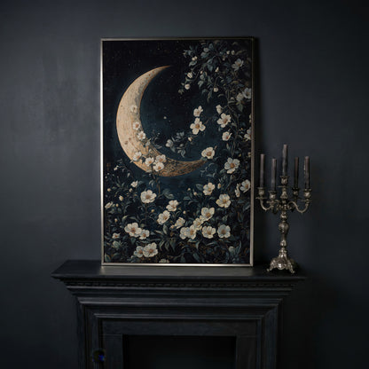 Floral Moonlit Night Canvas Print with Starry Botanical Art in silver floating frame