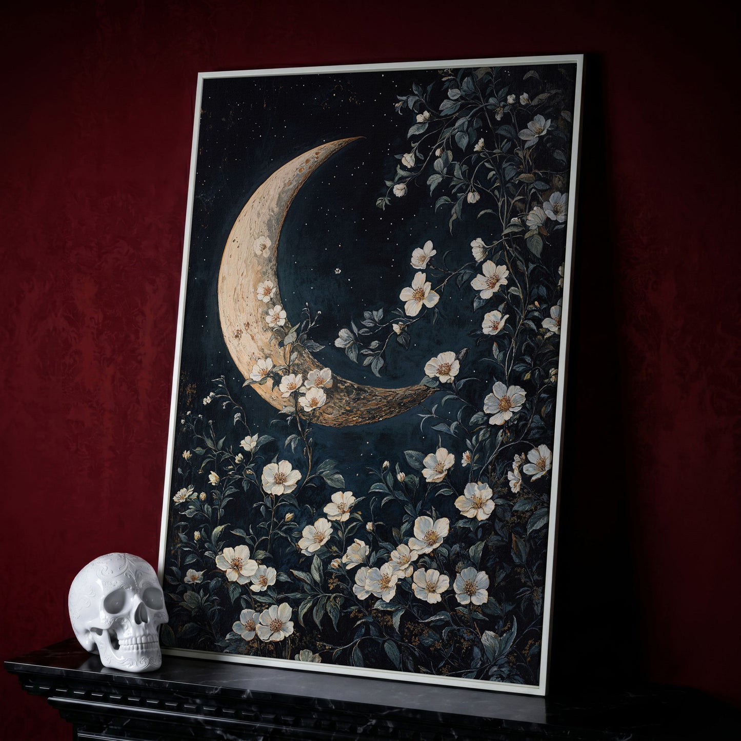 Floral Moonlit Night Canvas Print with Starry Botanical Art in white floating frame