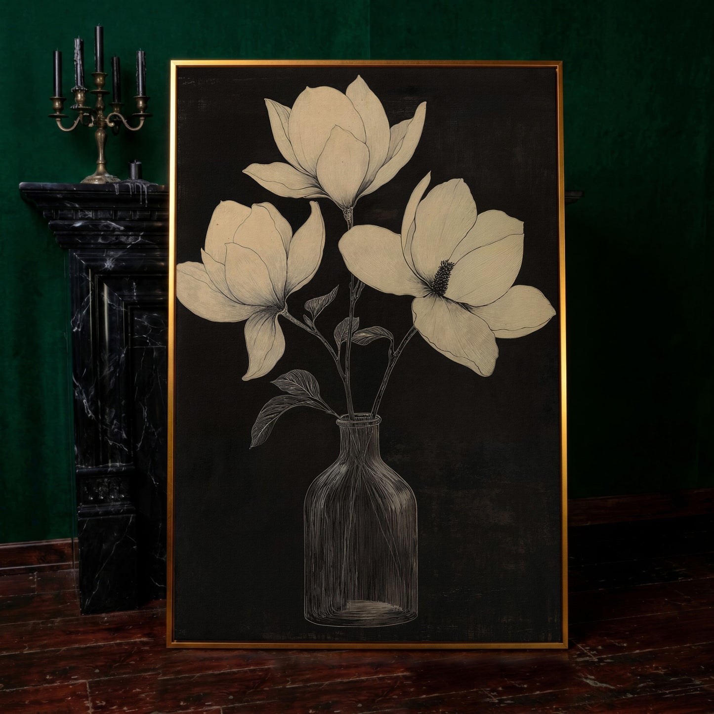 Magnolia & Vase Black and White Canvas in antique gold floating frame
