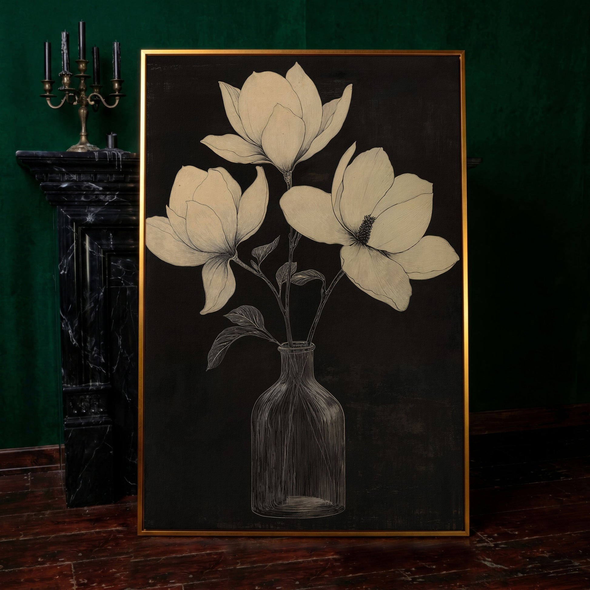 Magnolia & Vase Black and White Canvas in antique gold floating frame