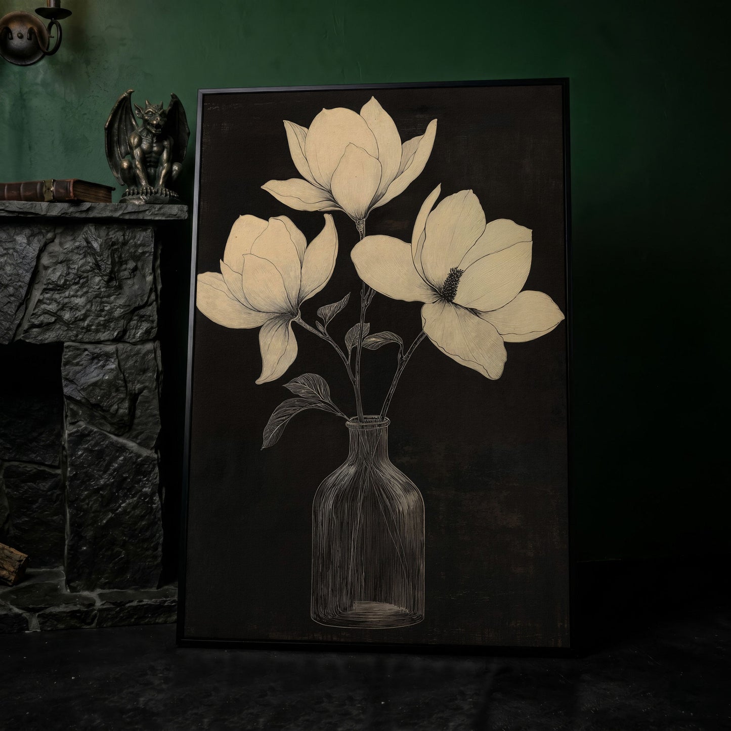 Magnolia & Vase Black and White Canvas in black floating frame