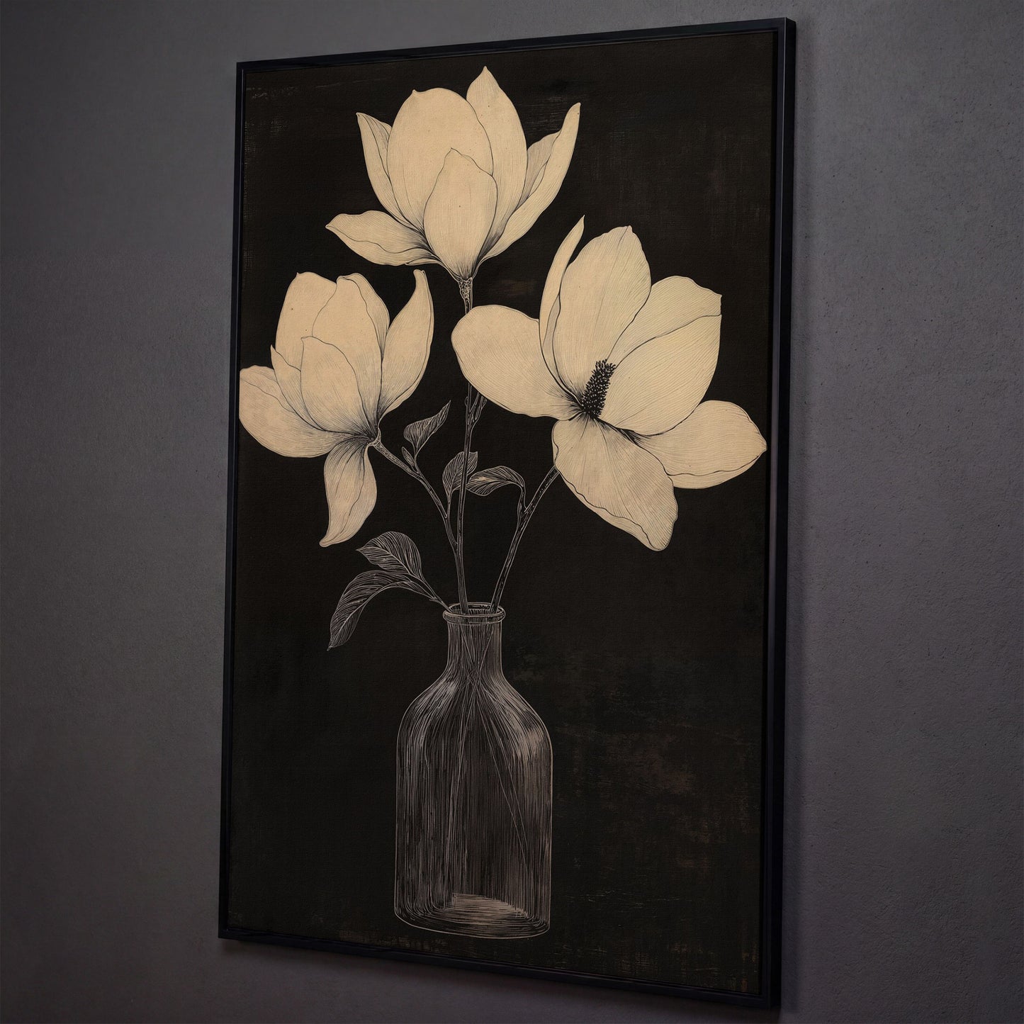 Magnolia & Vase Black and White Canvas shown in black floating frame