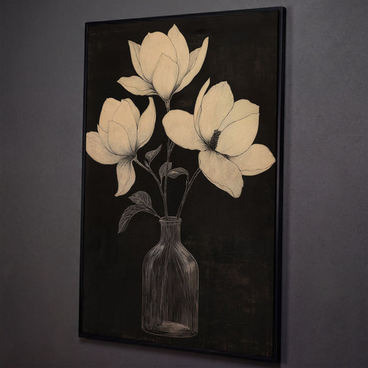 Magnolia & Vase Black and White Canvas shown in black floating frame