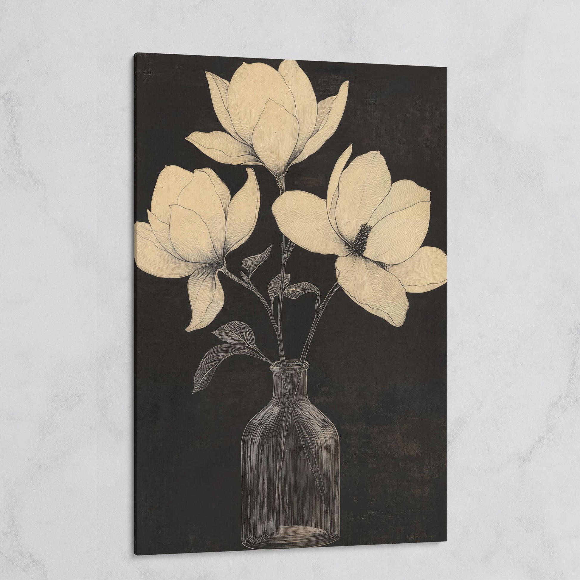 Magnolia & Vase Black and White Canvas on gallery wrap