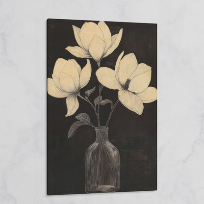 Magnolia & Vase Black and White Canvas on gallery wrap