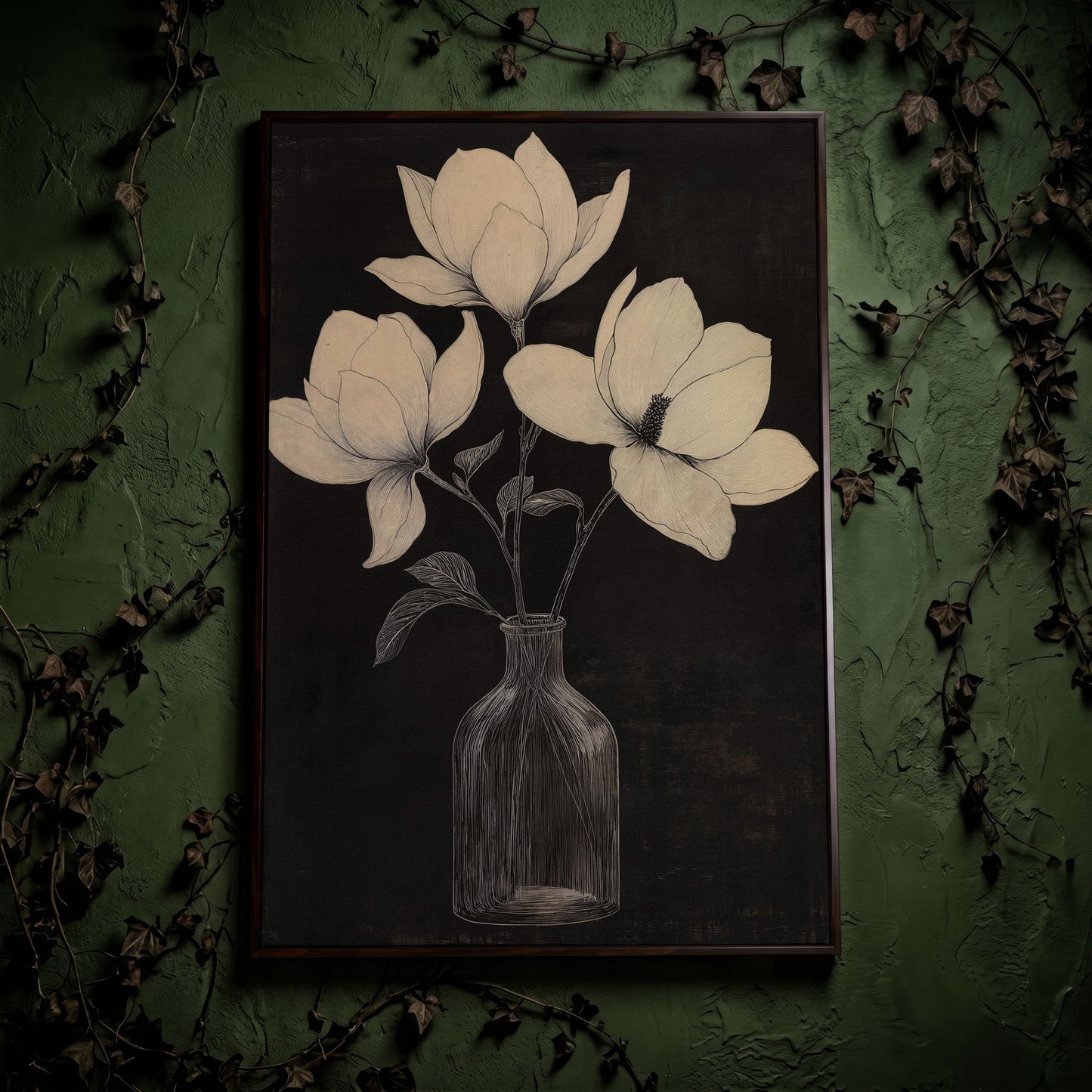 Magnolia & Vase Black and White Canvas in dark walnut floating frame