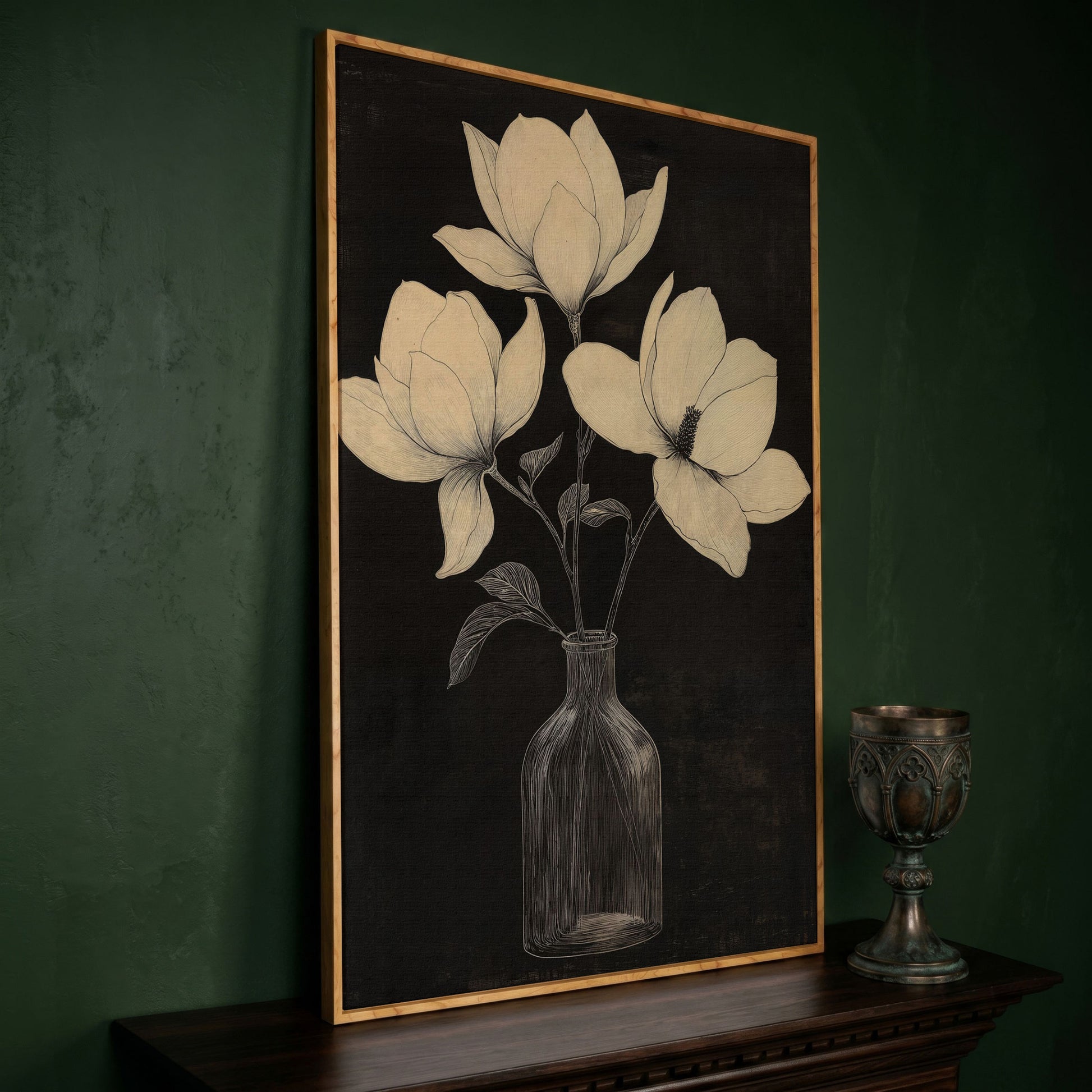 Magnolia & Vase Black and White Canvas in white oak floating frame