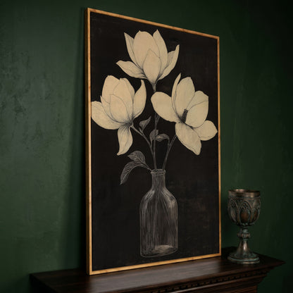 Magnolia & Vase Black and White Canvas in white oak floating frame
