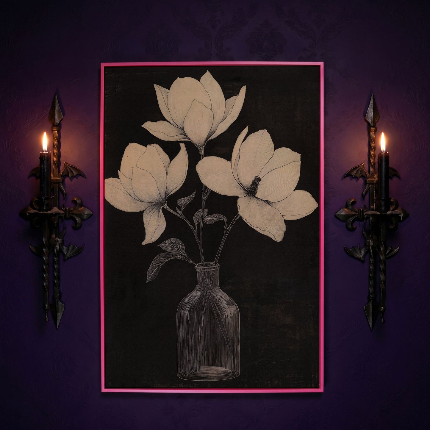 Magnolia & Vase Black and White Canvas in pink floating frame