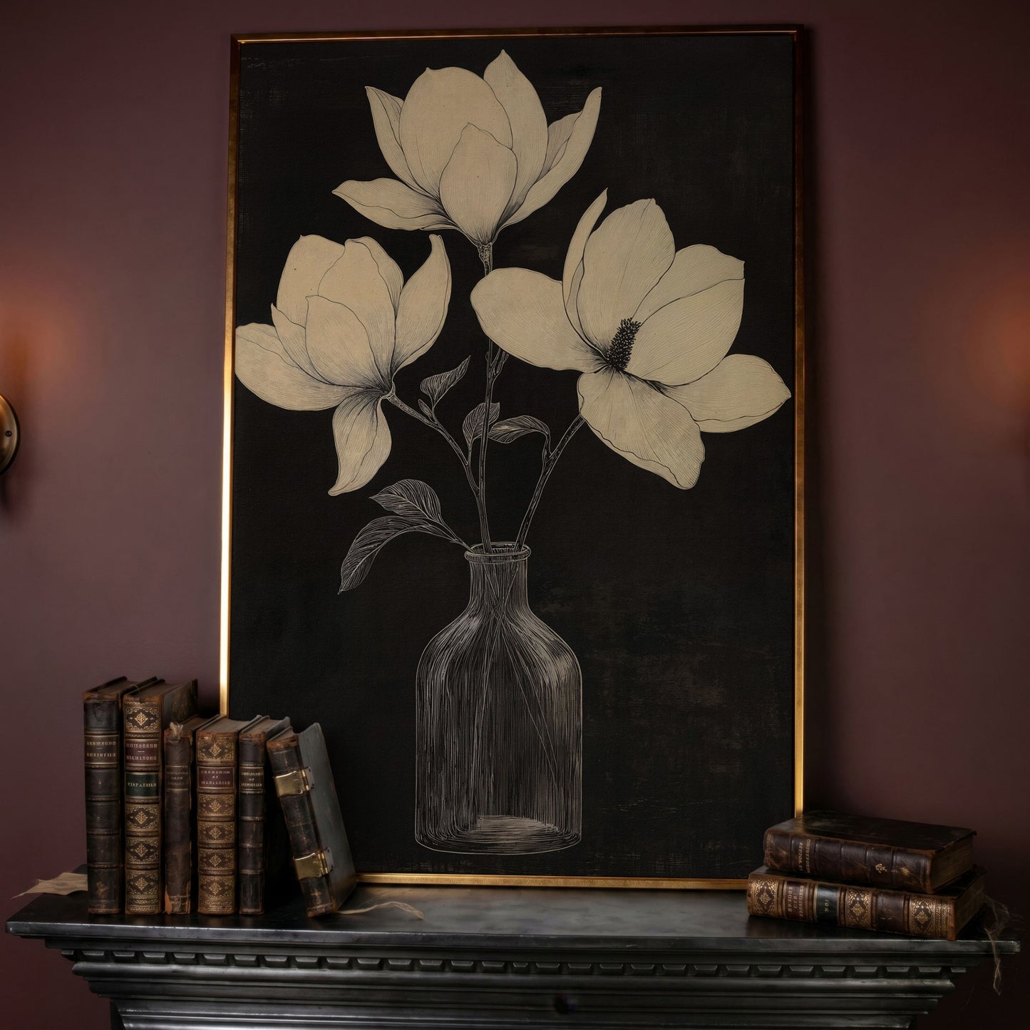 Magnolia & Vase Black and White Canvas in rose gold floating frame