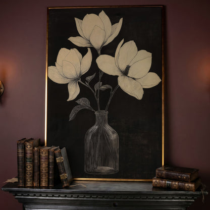 Magnolia & Vase Black and White Canvas in rose gold floating frame