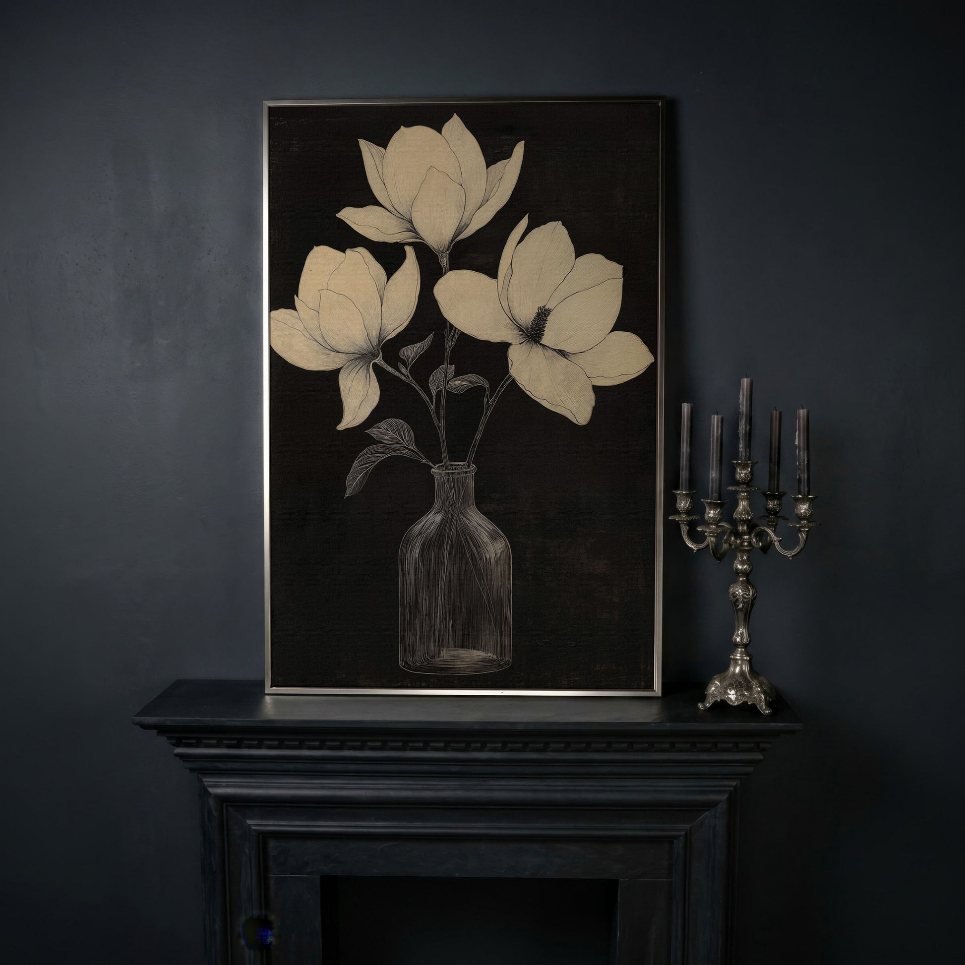 Magnolia & Vase Black and White Canvas in silver floating frame